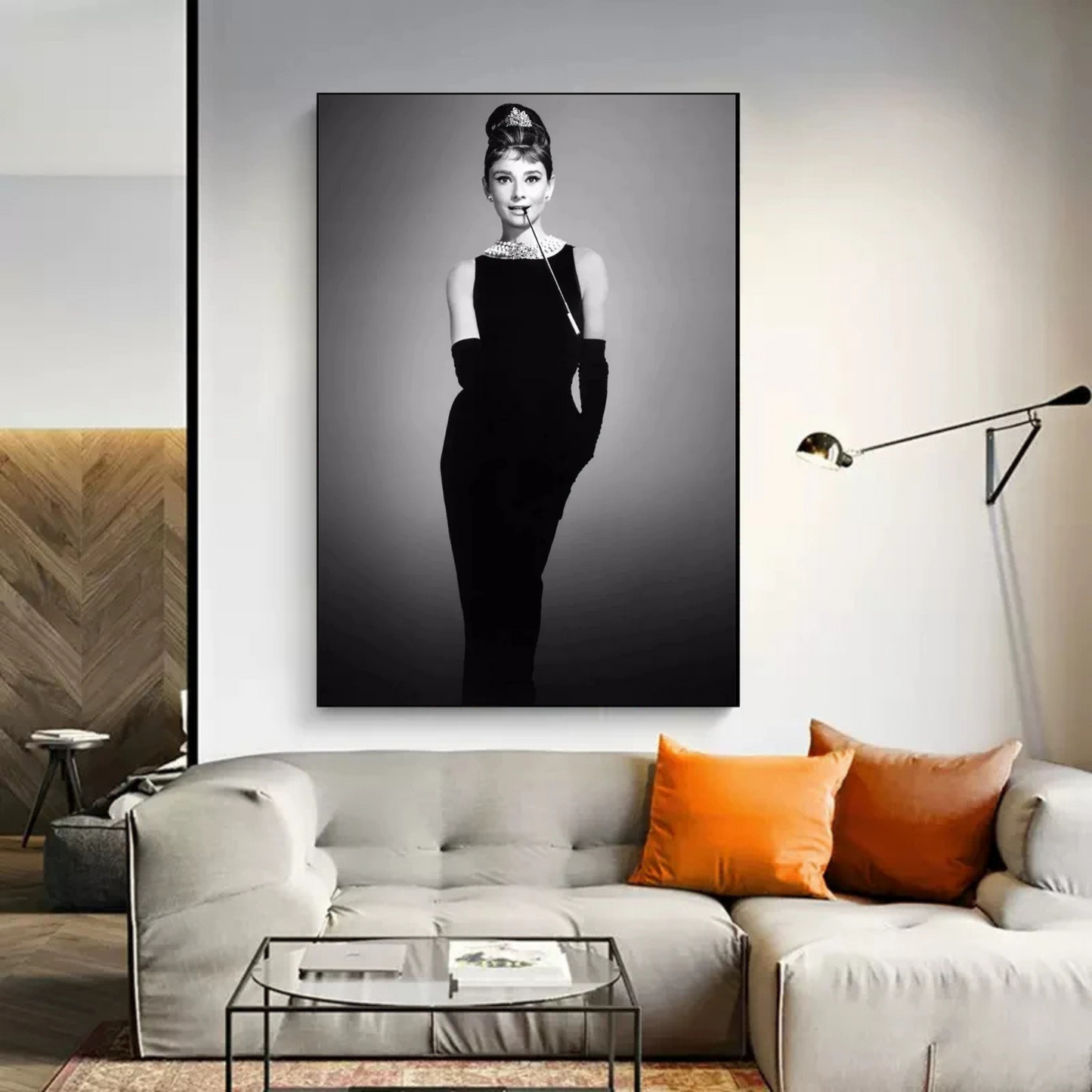 Audrey Hepburn Smoking Wall Art – Black & White Canvas Print for Luxury Home Decor